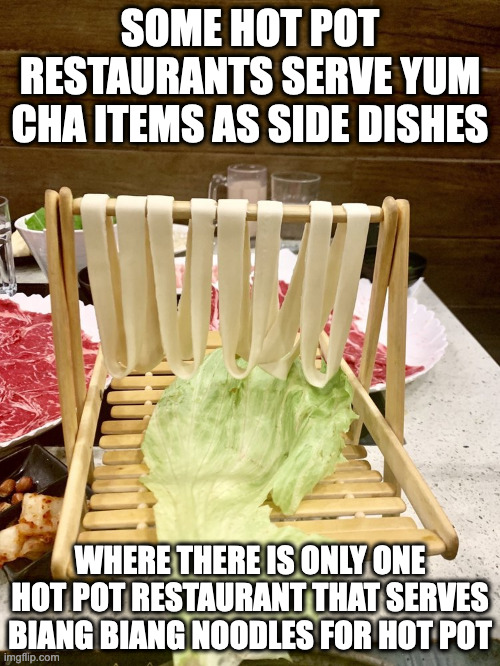 Hot Pot Biang Biang Noodles | SOME HOT POT RESTAURANTS SERVE YUM CHA ITEMS AS SIDE DISHES; WHERE THERE IS ONLY ONE HOT POT RESTAURANT THAT SERVES BIANG BIANG NOODLES FOR HOT POT | image tagged in food,noodles,memes | made w/ Imgflip meme maker