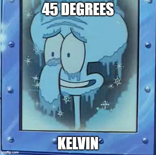 45 DEGREES KELVIN | image tagged in frozen squidward | made w/ Imgflip meme maker