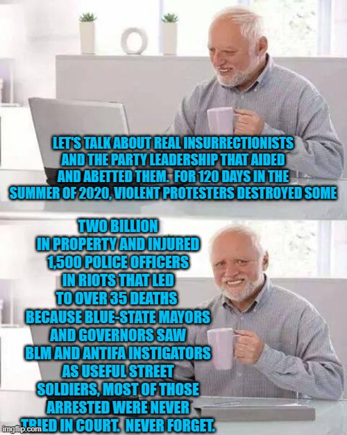 Never forget the REAL insurrectionists. | TWO BILLION IN PROPERTY AND INJURED 1,500 POLICE OFFICERS IN RIOTS THAT LED TO OVER 35 DEATHS  BECAUSE BLUE-STATE MAYORS AND GOVERNORS SAW BLM AND ANTIFA INSTIGATORS AS USEFUL STREET SOLDIERS, MOST OF THOSE ARRESTED WERE NEVER TRIED IN COURT.  NEVER FORGET. LET'S TALK ABOUT REAL INSURRECTIONISTS AND THE PARTY LEADERSHIP THAT AIDED AND ABETTED THEM.  FOR 120 DAYS IN THE SUMMER OF 2020, VIOLENT PROTESTERS DESTROYED SOME | image tagged in hide the pain harold | made w/ Imgflip meme maker