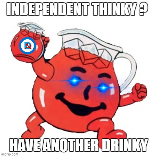 drinking the koolaid | INDEPENDENT THINKY ? HAVE ANOTHER DRINKY | image tagged in koolaid | made w/ Imgflip meme maker