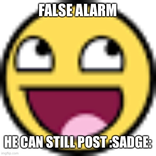 Epic face | FALSE ALARM; HE CAN STILL POST :SADGE: | image tagged in epic face | made w/ Imgflip meme maker