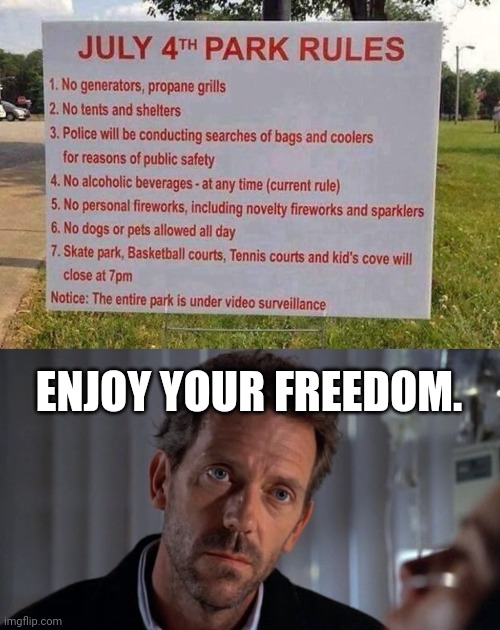 Where is this park I wonder. | ENJOY YOUR FREEDOM. | image tagged in sarcastic house | made w/ Imgflip meme maker