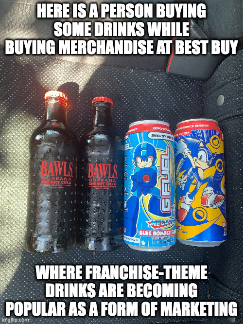 Mega Man Blue Bomber Drink | HERE IS A PERSON BUYING SOME DRINKS WHILE BUYING MERCHANDISE AT BEST BUY; WHERE FRANCHISE-THEME DRINKS ARE BECOMING POPULAR AS A FORM OF MARKETING | image tagged in drink,megaman,memes,sonic the hedgehog | made w/ Imgflip meme maker