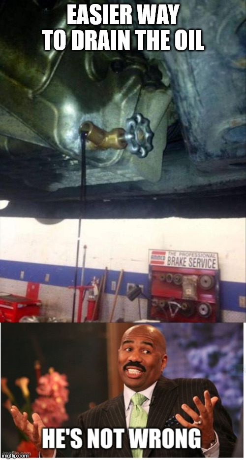 EASIER WAY TO DRAIN THE OIL | image tagged in well he's not 'wrong',cars | made w/ Imgflip meme maker