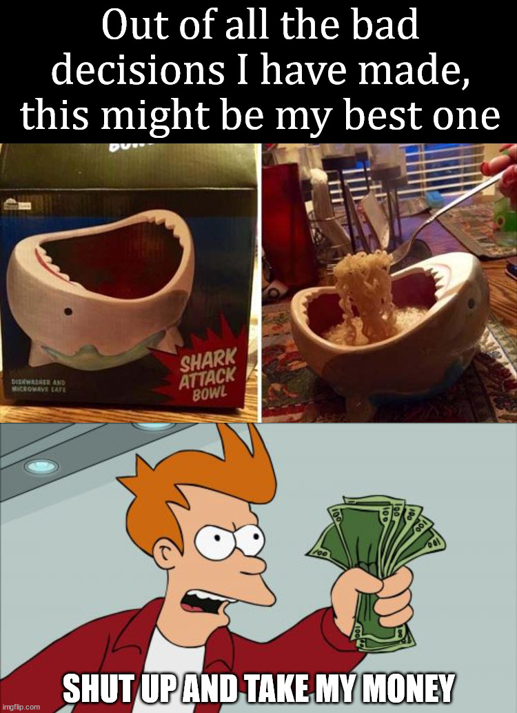 awesome bowl |  Out of all the bad decisions I have made, this might be my best one; SHUT UP AND TAKE MY MONEY | image tagged in memes,shut up and take my money fry,bowl,eating,noodles | made w/ Imgflip meme maker