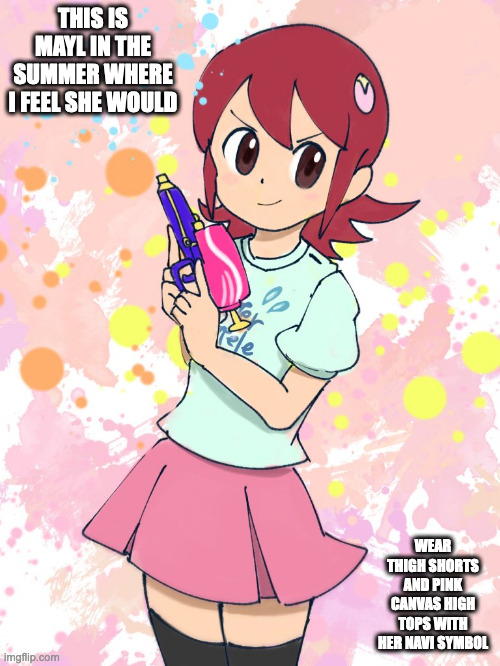 Summer Mayl | THIS IS MAYL IN THE SUMMER WHERE I FEEL SHE WOULD; WEAR THIGH SHORTS AND PINK CANVAS HIGH TOPS WITH HER NAVI SYMBOL | image tagged in mayl sakurai,megaman,megaman battle network,memes | made w/ Imgflip meme maker