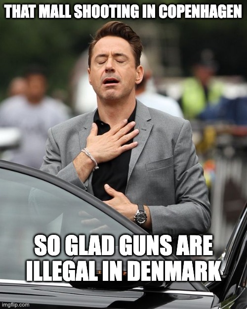 Robert Downey Jr | THAT MALL SHOOTING IN COPENHAGEN; SO GLAD GUNS ARE
ILLEGAL IN DENMARK | image tagged in gun control | made w/ Imgflip meme maker