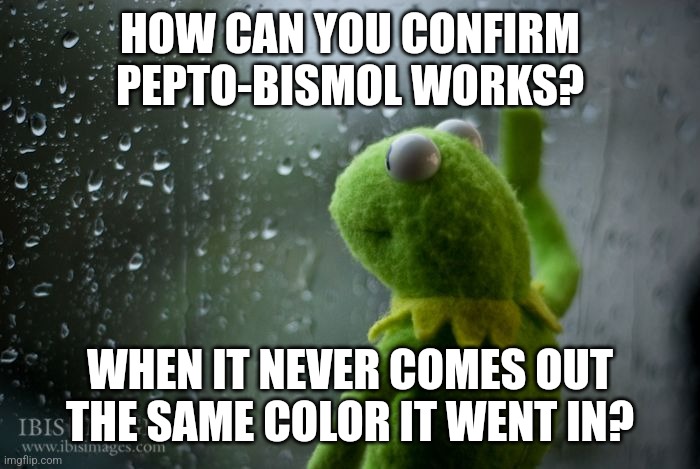 I used to wonder about this as a kid | HOW CAN YOU CONFIRM PEPTO-BISMOL WORKS? WHEN IT NEVER COMES OUT THE SAME COLOR IT WENT IN? | image tagged in kermit window,pepto,medicine,how's it work | made w/ Imgflip meme maker