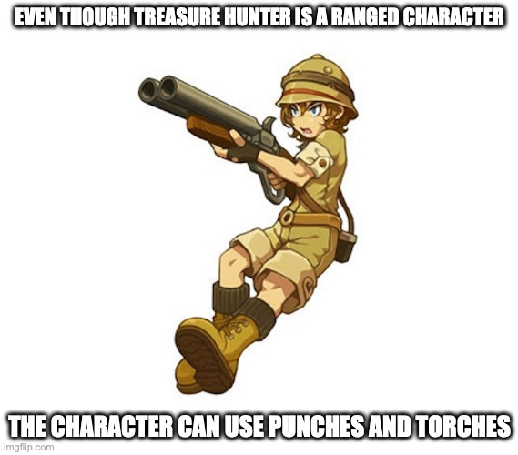 Lost Saga Treasure Hunter | EVEN THOUGH TREASURE HUNTER IS A RANGED CHARACTER; THE CHARACTER CAN USE PUNCHES AND TORCHES | image tagged in lost saga,treasure hunter,memes | made w/ Imgflip meme maker