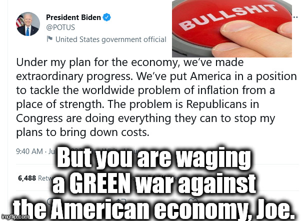 Biden's Green War against the American economy. | But you are waging a GREEN war against the American economy, Joe. | image tagged in memes,politics | made w/ Imgflip meme maker
