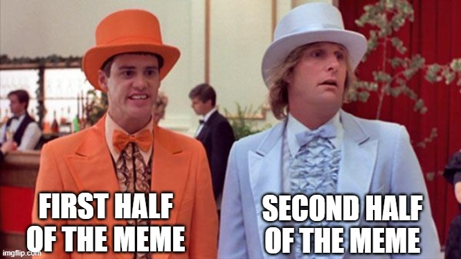 dumb and dumber | FIRST HALF OF THE MEME SECOND HALF OF THE MEME | image tagged in dumb and dumber | made w/ Imgflip meme maker