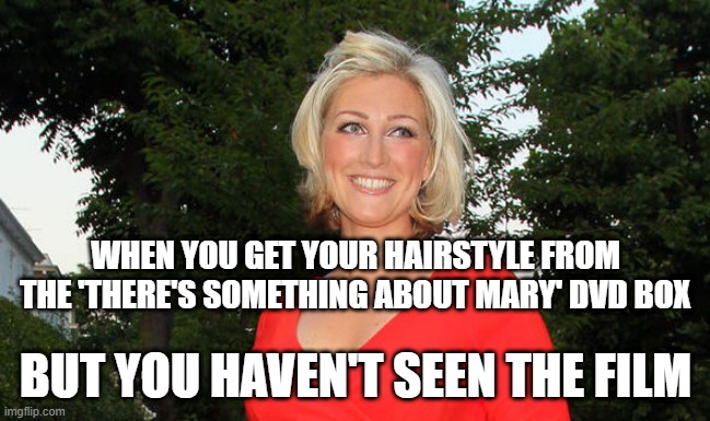 Becky Mantin - Weathergirl | WHEN YOU GET YOUR HAIRSTYLE FROM THE 'THERE'S SOMETHING ABOUT MARY' DVD BOX; BUT YOU HAVEN'T SEEN THE FILM | image tagged in gotta watch the film | made w/ Imgflip meme maker