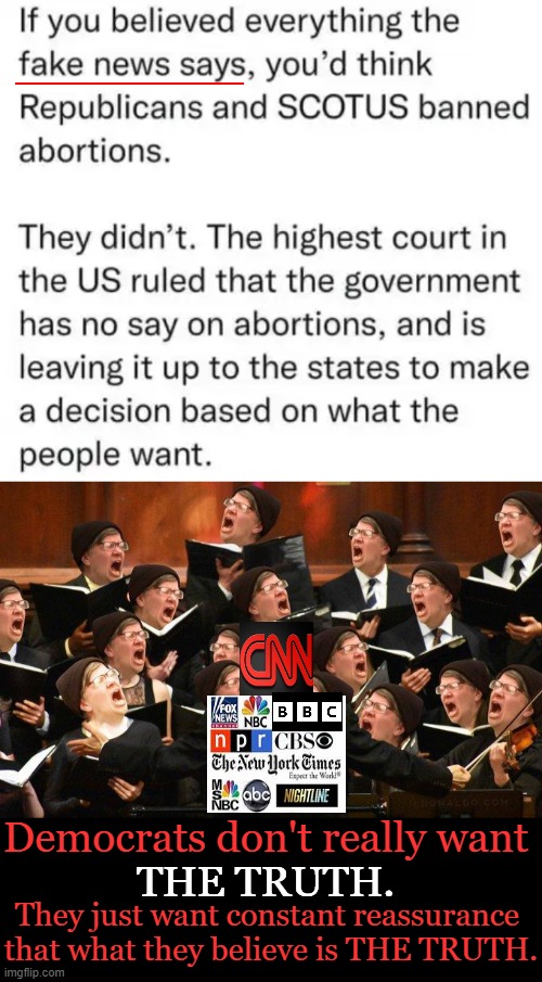 Democrats Don't Really Want The Truth. | Democrats don't really want; THE TRUTH. They just want constant reassurance 
that what they believe is THE TRUTH. | image tagged in politics,democrats,abortion,scotus,media lies,the truth | made w/ Imgflip meme maker