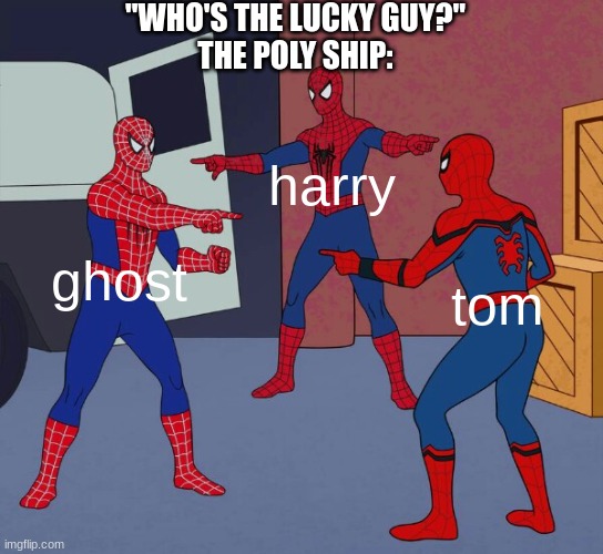 Spider Man Triple | "WHO'S THE LUCKY GUY?"
THE POLY SHIP:; harry; ghost; tom | image tagged in spider man triple | made w/ Imgflip meme maker