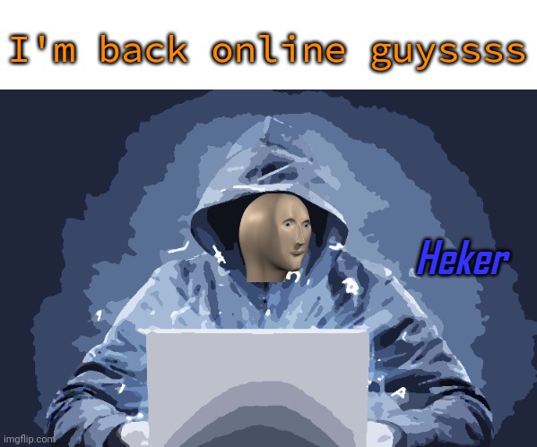 Heker | I'm back online guyssss | image tagged in heker | made w/ Imgflip meme maker