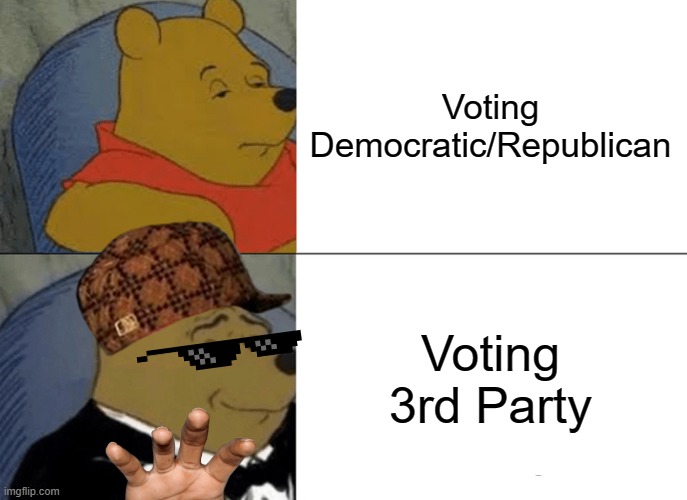 Vote Third Party! |  Voting Democratic/Republican; Voting 3rd Party | image tagged in memes,tuxedo winnie the pooh,american politics,democrats,republicans,third party | made w/ Imgflip meme maker