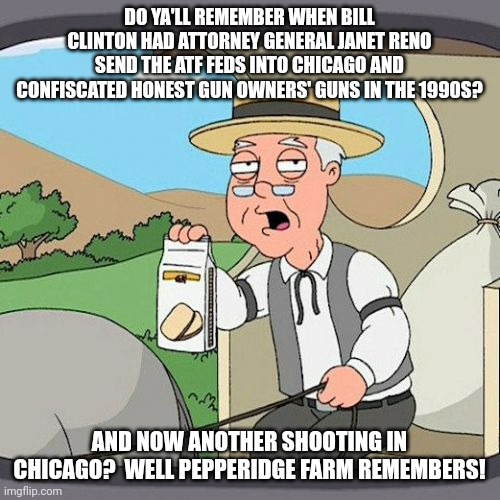 We Will Remember In November! | DO YA'LL REMEMBER WHEN BILL CLINTON HAD ATTORNEY GENERAL JANET RENO SEND THE ATF FEDS INTO CHICAGO AND CONFISCATED HONEST GUN OWNERS' GUNS IN THE 1990S? AND NOW ANOTHER SHOOTING IN CHICAGO?  WELL PEPPERIDGE FARM REMEMBERS! | image tagged in memes,pepperidge farm remembers,blame,dummy,democrats,bill clinton | made w/ Imgflip meme maker