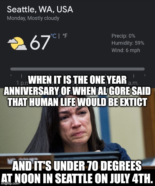 She Wishes We Were All Dead | WHEN IT IS THE ONE YEAR ANNIVERSARY OF WHEN AL GORE SAID THAT HUMAN LIFE WOULD BE EXTICT; AND IT'S UNDER 70 DEGREES AT NOON IN SEATTLE ON JULY 4TH. | image tagged in aoc crying | made w/ Imgflip meme maker