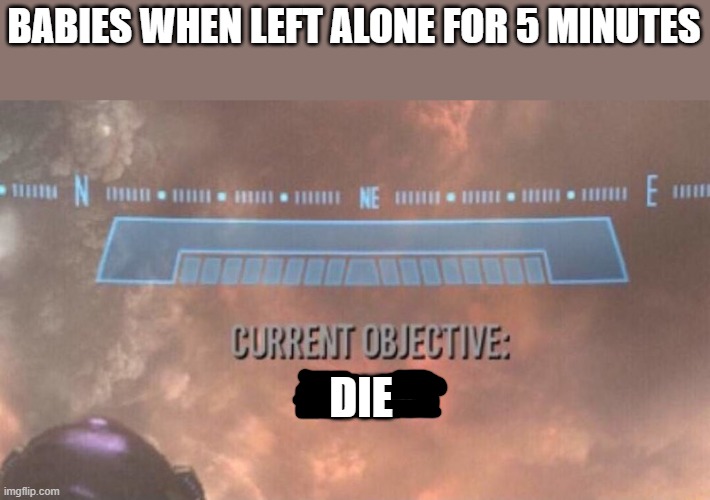 Current Objective: Survive | BABIES WHEN LEFT ALONE FOR 5 MINUTES; DIE | image tagged in current objective survive | made w/ Imgflip meme maker
