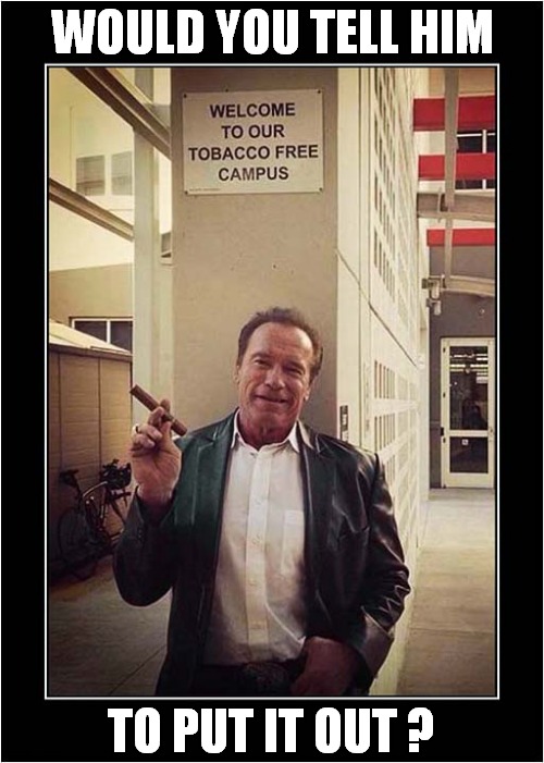 A Tricky Situation ! | WOULD YOU TELL HIM; TO PUT IT OUT ? | image tagged in arnold schwarzenegger,no smoking,tricky,front page | made w/ Imgflip meme maker