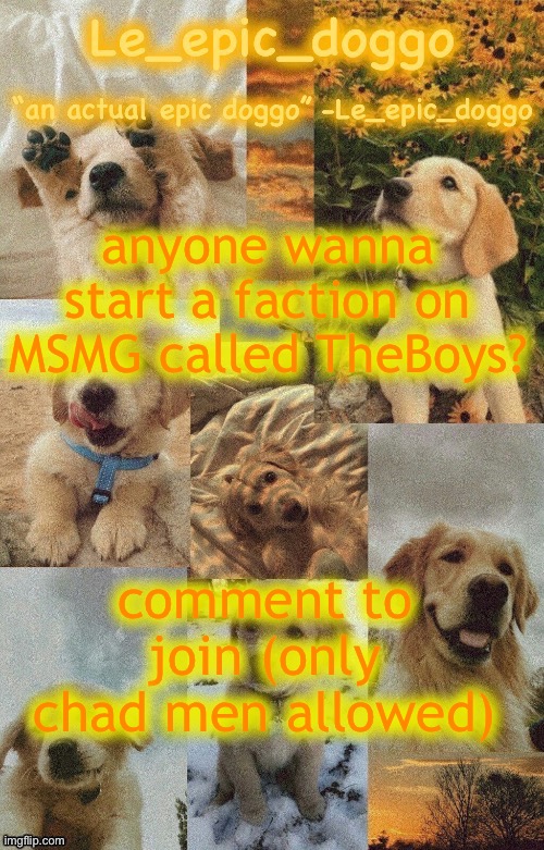 Doggo temp by doggo. Wait what that’s confusing | anyone wanna start a faction on MSMG called TheBoys? comment to join (only chad men allowed) | image tagged in doggo temp by doggo wait what that s confusing | made w/ Imgflip meme maker