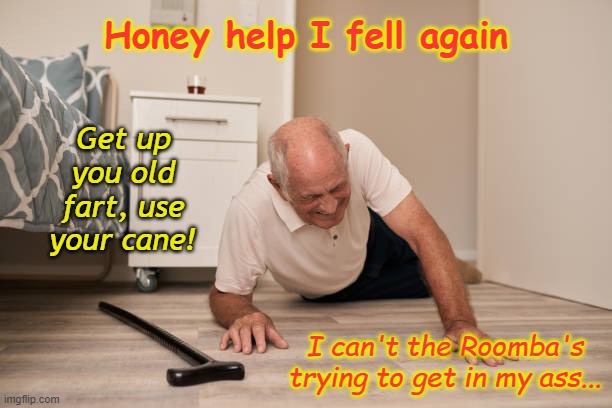 roomba | Honey help I fell again; Get up you old fart, use your cane! I can't the Roomba's trying to get in my ass... | image tagged in funny memes | made w/ Imgflip meme maker