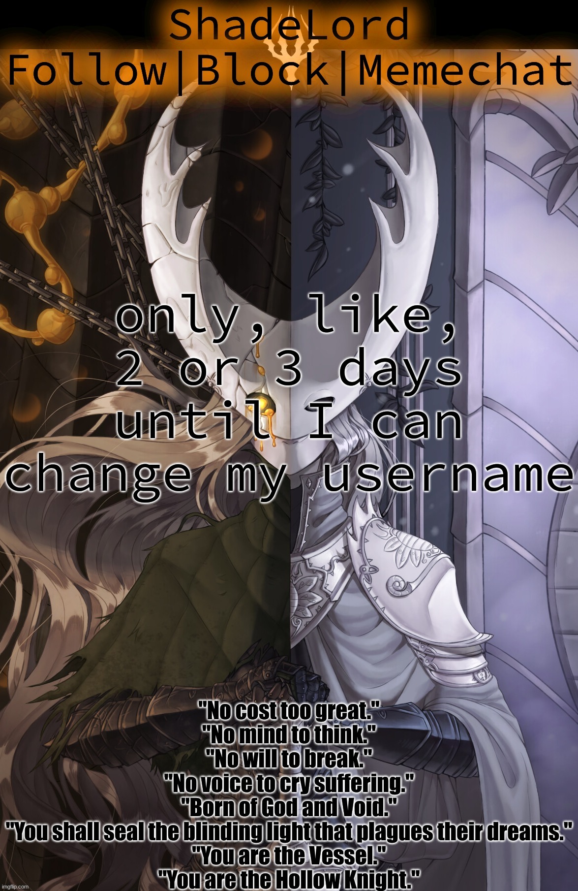 ShadeLord Announcement Template - The Hollow Knight | only, like, 2 or 3 days until I can change my username | image tagged in shadelord announcement template - the hollow knight | made w/ Imgflip meme maker