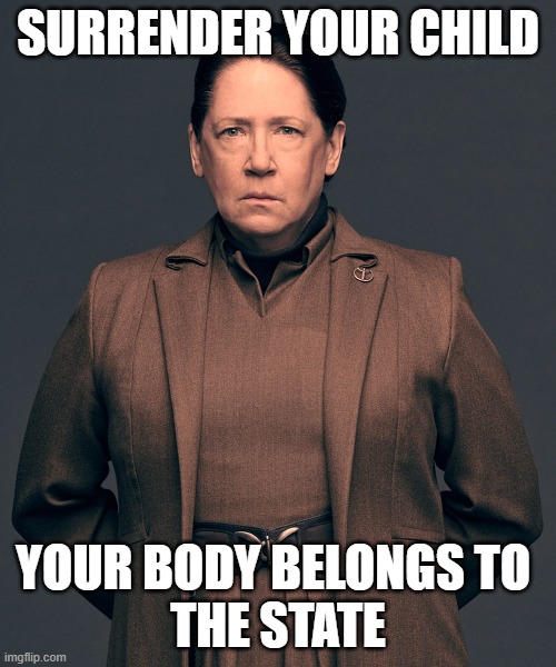 aunt lydia, surrender your child | SURRENDER YOUR CHILD; YOUR BODY BELONGS TO 
THE STATE | image tagged in let us adopt | made w/ Imgflip meme maker