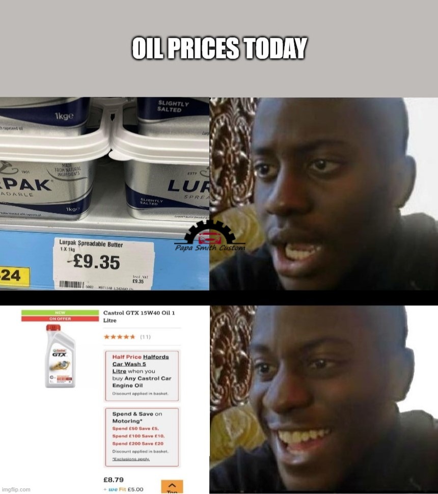 Different kinds of oil, but seriously wth... | image tagged in budget,in terms of money we have no money,lurpak,butter,oil,prices | made w/ Imgflip meme maker