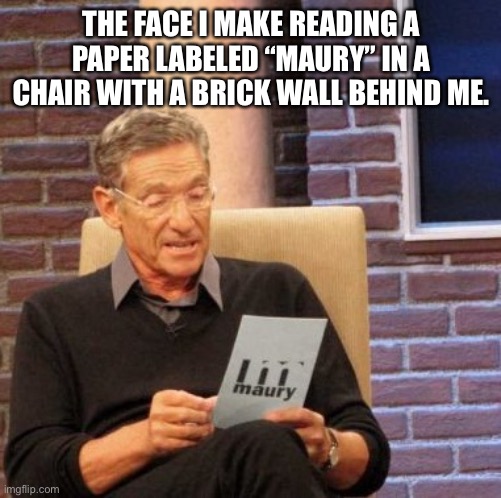 Maury Lie Detector Meme | THE FACE I MAKE READING A PAPER LABELED “MAURY” IN A CHAIR WITH A BRICK WALL BEHIND ME. | image tagged in memes,maury lie detector | made w/ Imgflip meme maker