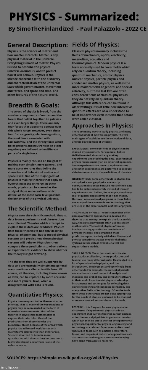 PHYSICS - Summarized (By SimoTheFinlandized / Paul Palazzolo - 2022 CE) | image tagged in simothefinlandized,physics,infographic,tutorial | made w/ Imgflip meme maker