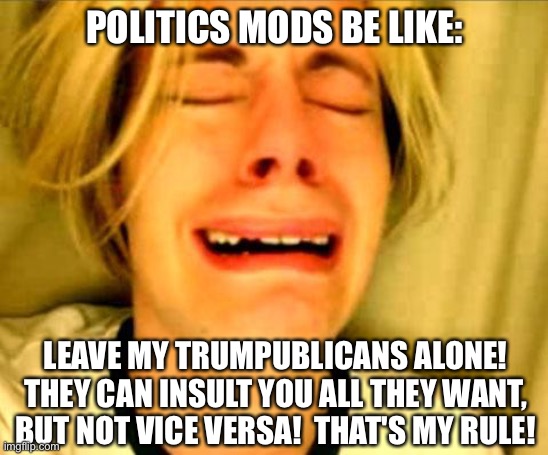 If it wasn't for double standards, Trumpets would have no standards at all! | POLITICS MODS BE LIKE:; LEAVE MY TRUMPUBLICANS ALONE!
THEY CAN INSULT YOU ALL THEY WANT,
BUT NOT VICE VERSA!  THAT'S MY RULE! | image tagged in leave britney alone | made w/ Imgflip meme maker