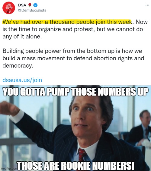 Join the DSA today and build a mass socialist movement. | YOU GOTTA PUMP THOSE NUMBERS UP; THOSE ARE ROOKIE NUMBERS! | image tagged in rookie numbers,dsa,democratic socialism,socialism,communism,antifa | made w/ Imgflip meme maker