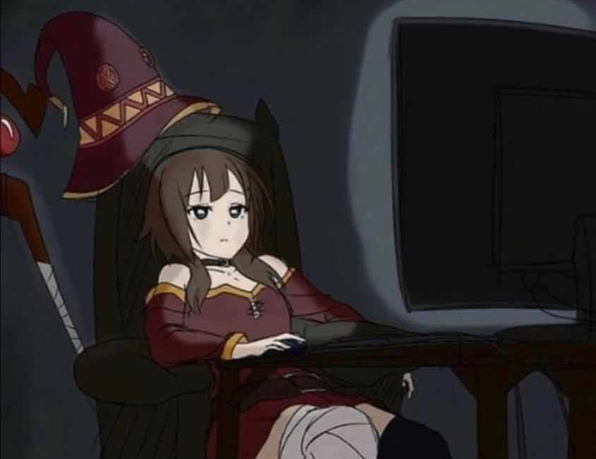High Quality depressed megumin at computer Blank Meme Template