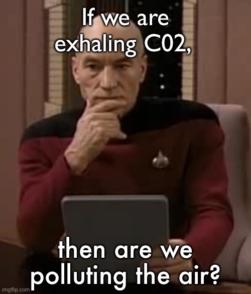 I’m back! (but in a different account) | If we are exhaling C02, then are we polluting the air? | image tagged in picard thinking | made w/ Imgflip meme maker