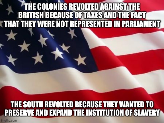 History lesson | THE COLONIES REVOLTED AGAINST THE BRITISH BECAUSE OF TAXES AND THE FACT THAT THEY WERE NOT REPRESENTED IN PARLIAMENT; THE SOUTH REVOLTED BECAUSE THEY WANTED TO PRESERVE AND EXPAND THE INSTITUTION OF SLAVERY | image tagged in american flag | made w/ Imgflip meme maker