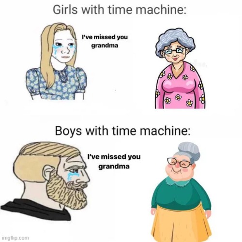 Prime example of what these two genders have in common... | image tagged in heartwarming,grandma,memes,girls vs boys,men with a time machine | made w/ Imgflip meme maker