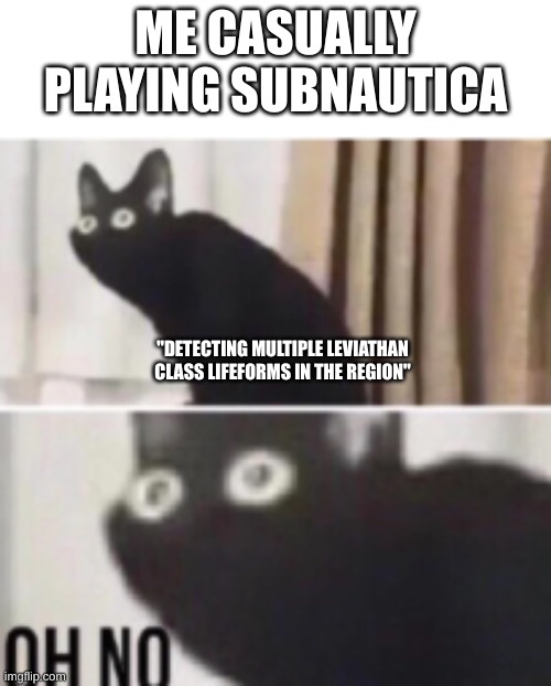 subnautica | ME CASUALLY PLAYING SUBNAUTICA; "DETECTING MULTIPLE LEVIATHAN CLASS LIFEFORMS IN THE REGION" | image tagged in oh no cat | made w/ Imgflip meme maker