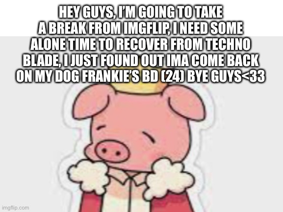 Bye guys… | HEY GUYS, I’M GOING TO TAKE A BREAK FROM IMGFLIP, I NEED SOME ALONE TIME TO RECOVER FROM TECHNO BLADE, I JUST FOUND OUT IMA COME BACK ON MY DOG FRANKIE’S BD (24) BYE GUYS<33 | image tagged in break | made w/ Imgflip meme maker