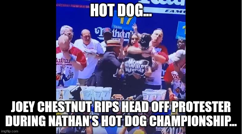 Hot Dog... | HOT DOG... JOEY CHESTNUT RIPS HEAD OFF PROTESTER DURING NATHAN’S HOT DOG CHAMPIONSHIP… | image tagged in hot dog | made w/ Imgflip meme maker