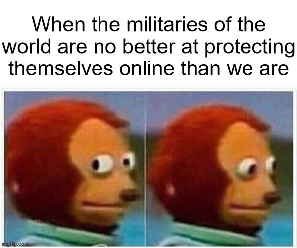 You'd think they'd have better defences | When the militaries of the world are no better at protecting themselves online than we are | image tagged in memes,monkey puppet | made w/ Imgflip meme maker