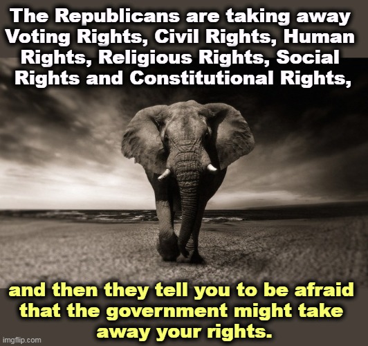 It's happening right before your eyes. | The Republicans are taking away 
Voting Rights, Civil Rights, Human 

Rights, Religious Rights, Social 
Rights and Constitutional Rights, and then they tell you to be afraid 
that the government might take 
away your rights. | image tagged in republicans,hate,rights,womens rights,human rights,civil rights | made w/ Imgflip meme maker