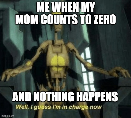 Well, I guess I'm in charge now. | ME WHEN MY MOM COUNTS TO ZERO AND NOTHING HAPPENS | image tagged in well i guess i'm in charge now | made w/ Imgflip meme maker