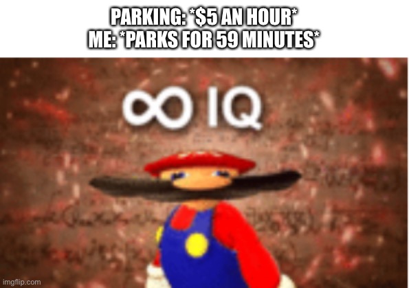 100000000000 iq | PARKING: *$5 AN HOUR*
ME: *PARKS FOR 59 MINUTES* | image tagged in infinite iq | made w/ Imgflip meme maker