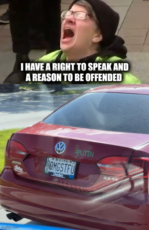 I HAVE A RIGHT TO SPEAK AND
A REASON TO BE OFFENDED | image tagged in screaming liberal | made w/ Imgflip meme maker