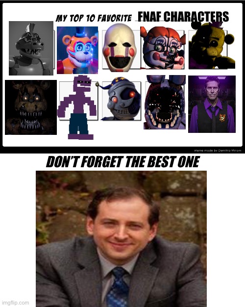 My real top 10,you could say 11 | FNAF CHARACTERS; DON’T FORGET THE BEST ONE | image tagged in my top 10,fnaf,scott cawthon | made w/ Imgflip meme maker