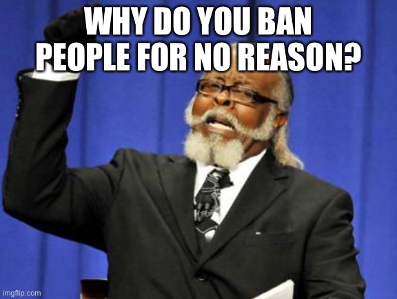 Too Damn High | WHY DO YOU BAN PEOPLE FOR NO REASON? | image tagged in memes,too damn high | made w/ Imgflip meme maker