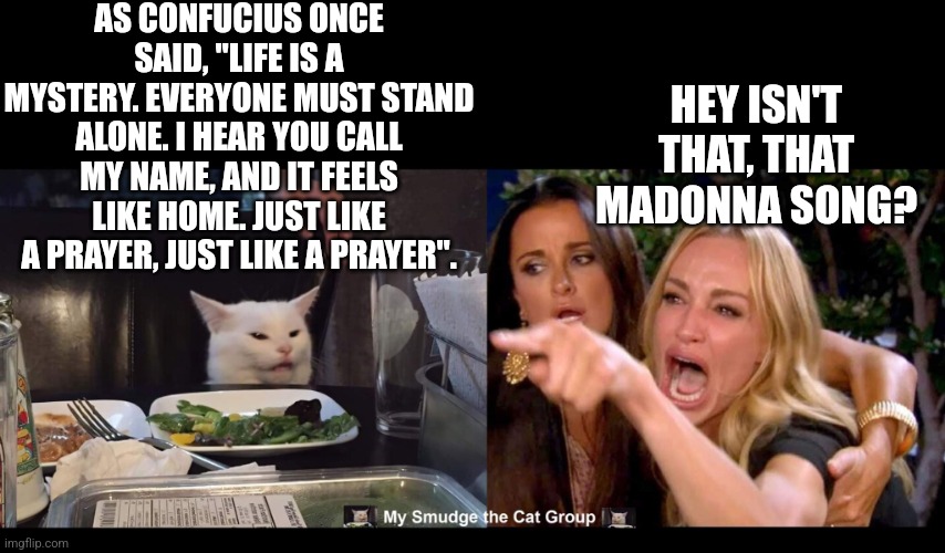 AS CONFUCIUS ONCE SAID, "LIFE IS A MYSTERY. EVERYONE MUST STAND ALONE. I HEAR YOU CALL MY NAME, AND IT FEELS LIKE HOME. JUST LIKE A PRAYER, JUST LIKE A PRAYER". HEY ISN'T THAT, THAT MADONNA SONG? | image tagged in smudge the cat,madonna,woman yelling at cat | made w/ Imgflip meme maker