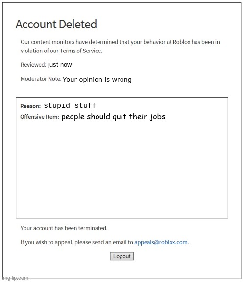 banned from ROBLOX | just now; Your opinion is wrong; stupid stuff; people should quit their jobs | image tagged in banned from roblox | made w/ Imgflip meme maker