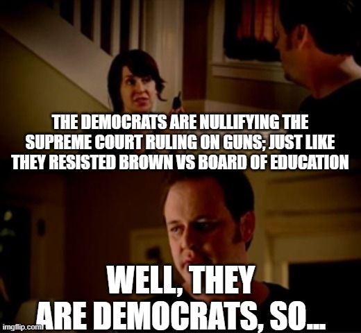 Jake from state farm | THE DEMOCRATS ARE NULLIFYING THE SUPREME COURT RULING ON GUNS; JUST LIKE THEY RESISTED BROWN VS BOARD OF EDUCATION; WELL, THEY ARE DEMOCRATS, SO... | image tagged in jake from state farm | made w/ Imgflip meme maker